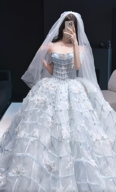 Elegant A-Line Tulle Wedding Dress Ice Blue Bridal Gown ED12043