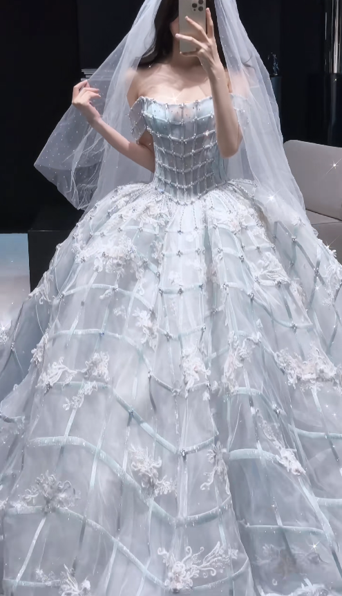 Elegant A-Line Tulle Wedding Dress Ice Blue Bridal Gown ED12043