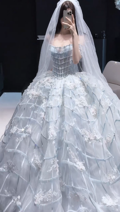 Elegant A-Line Tulle Wedding Dress Ice Blue Bridal Gown ED12043