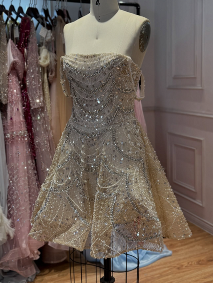 Fashion Champagne Short Prom Dress Tulle Beaded Party Dress A-Line Birthday Dress ED12051