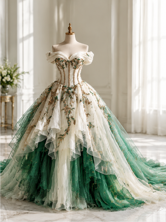 Fairy Applique Green Prom Dress A-line Tulle Long Evening Dress ED12053