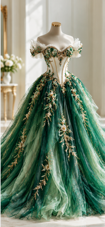 Fairy Applique Green Prom Dress A-line Tulle Long Evening Dress ED12054