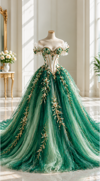 Fairy Applique Green Prom Dress A-line Tulle Long Evening Dress ED12054