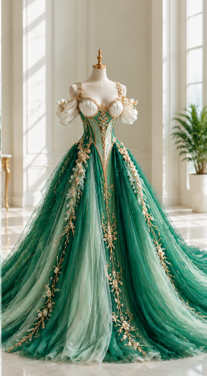 Wunderschönes grünes Ballkleid mit Applikationen, A-Linie, Tüll, langes Abendkleid ED12055