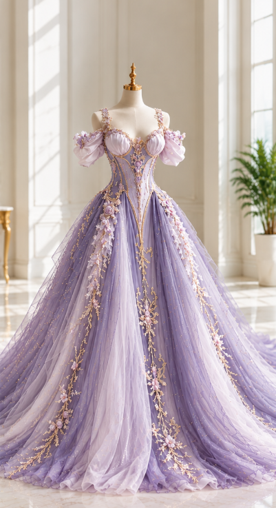 Wunderschönes lila Ballkleid, A-Linie, Tüll-Applikationen, langes Abendkleid ED12057