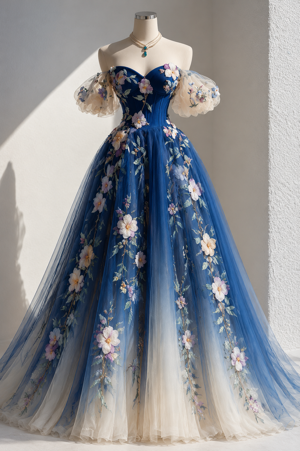 Gorgeous Blue Prom Dress A-Line Tulle Flower Long Evening Dress ED12060