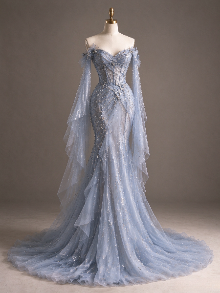 Chic Blue Prom Dress Sheath Chiffon Beaded Long Evening Dresses ED12121