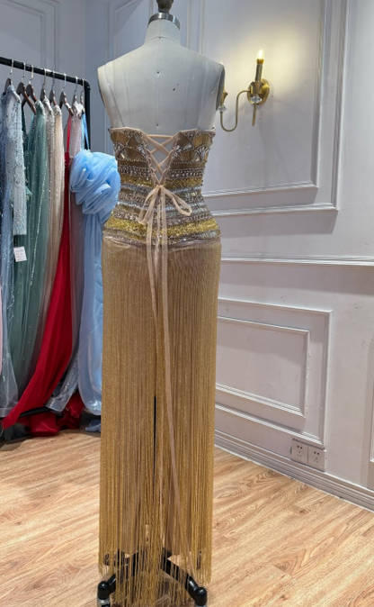 Gorgeous Gold Prom Dress Sheath Tassle Long Evening Dress ED12066