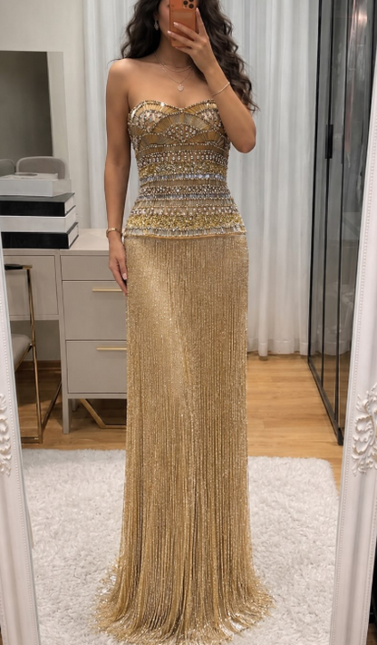 Gorgeous Gold Prom Dress Sheath Tassle Long Evening Dress ED12066