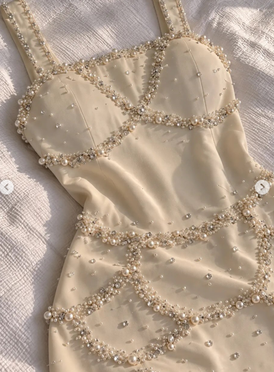 Schönes elfenbeinfarbenes Abendkleid, figurbetontes, perlenbesetztes Chiffon-Langes Abendkleid ED12069