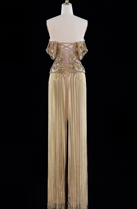 Pretty Gold Prom Dress Sheath Tassle Long Evening Dress ED12070