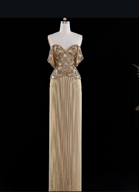 Pretty Gold Prom Dress Sheath Tassle Long Evening Dress ED12070