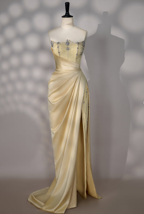 Pretty Yellow Prom Dress Sheath Satin Long Evening Dress ED12072