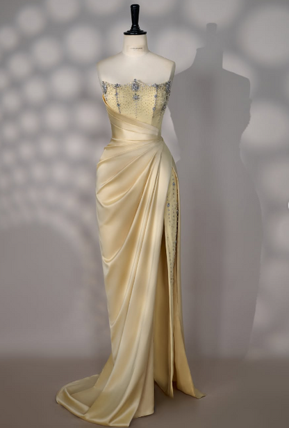 Pretty Yellow Prom Dress Sheath Satin Long Evening Dress ED12072