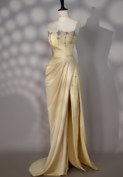 Pretty Yellow Prom Dress Sheath Satin Long Evening Dress ED12072