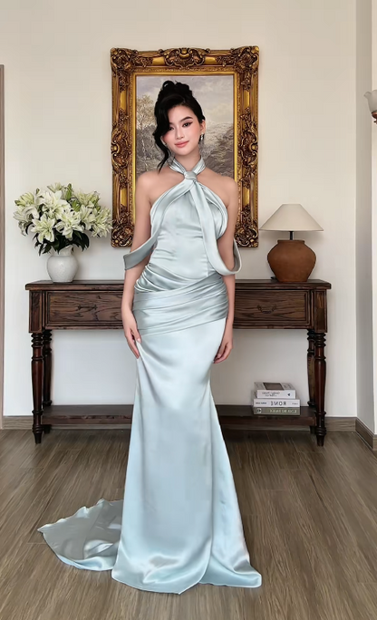 Pretty Blue Prom Dress Sheath Satin Long Evening Dress ED12075