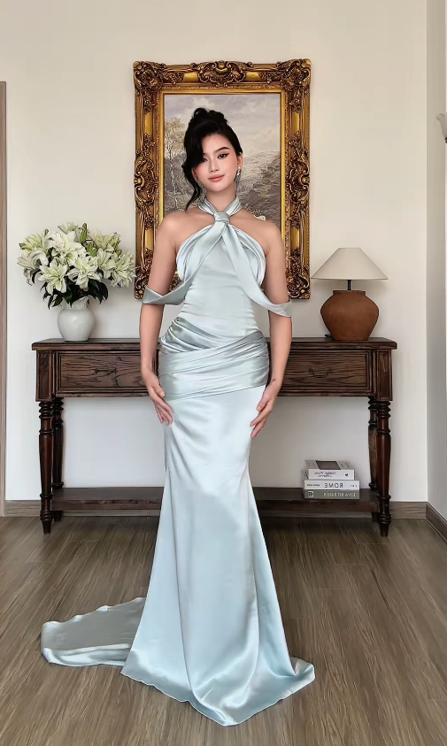 Pretty Blue Prom Dress Sheath Satin Long Evening Dress ED12075