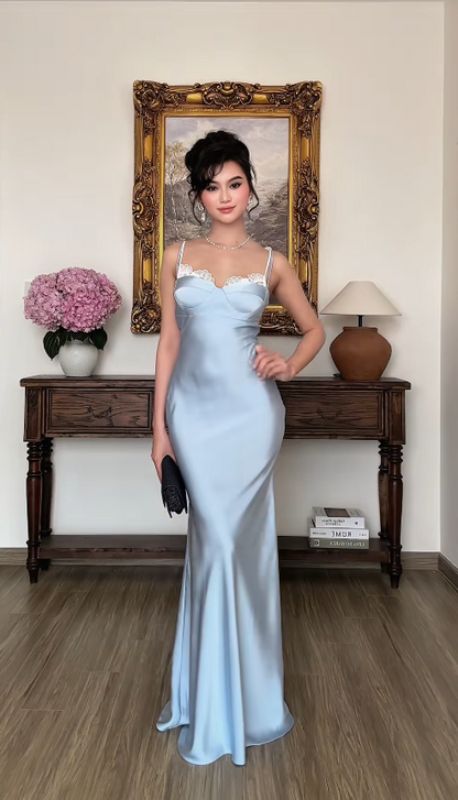 Pretty Blue Prom Dress Sheath Satin Long Evening Dress ED12076