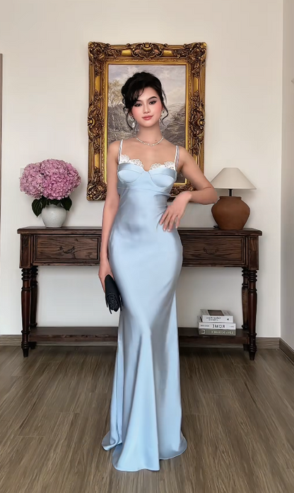 Pretty Blue Prom Dress Sheath Satin Long Evening Dress ED12076