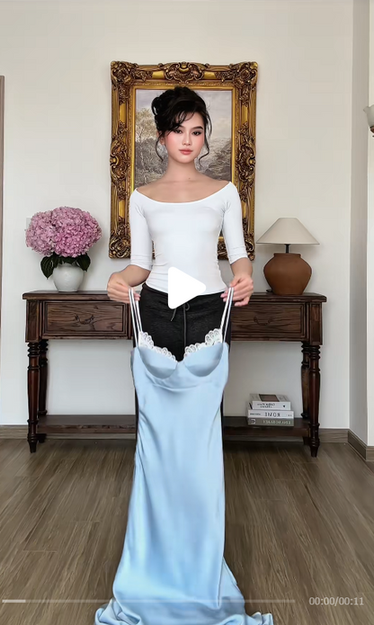 Pretty Blue Prom Dress Sheath Satin Long Evening Dress ED12076