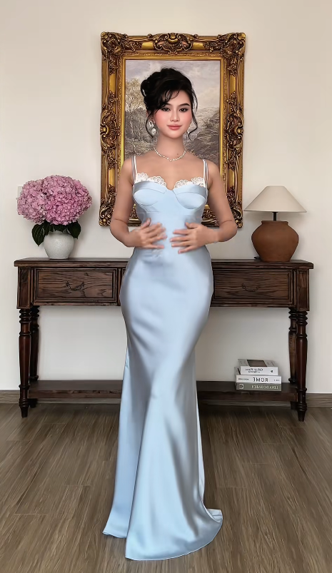 Pretty Blue Prom Dress Sheath Satin Long Evening Dress ED12076