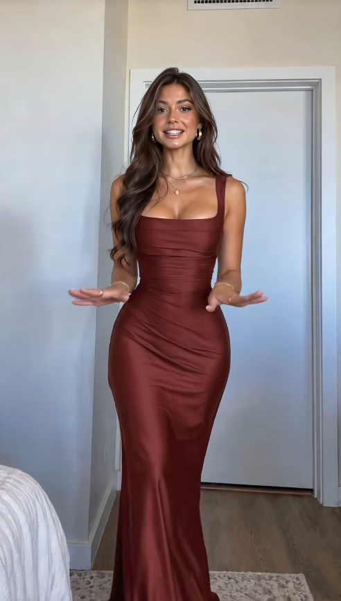 PrePretty Burgunderrotes Satin-Etuikleid, langes Abendkleid für den Abschlussball ED12079