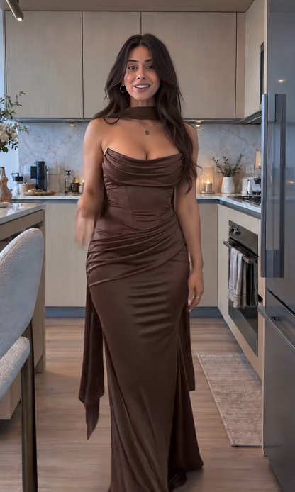 Pretty Brown Prom Dress Sheath Satin Long Evening Dress ED12080