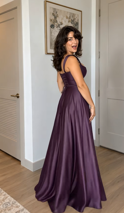 Pretty Deep Purple Prom Dress A-Line Satin Long Evening Dress ED12081