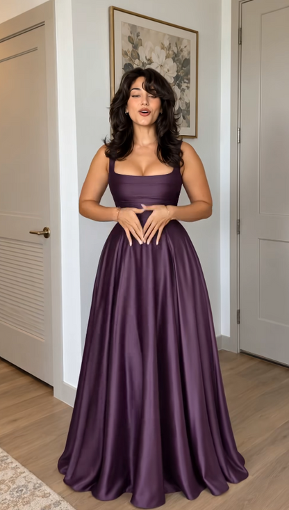 Pretty Deep Purple Prom Dress A-Line Satin Long Evening Dress ED12081