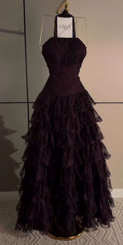 Pretty Deep Purple Prom Dress A-Line Lace Long Evening Dress ED12082