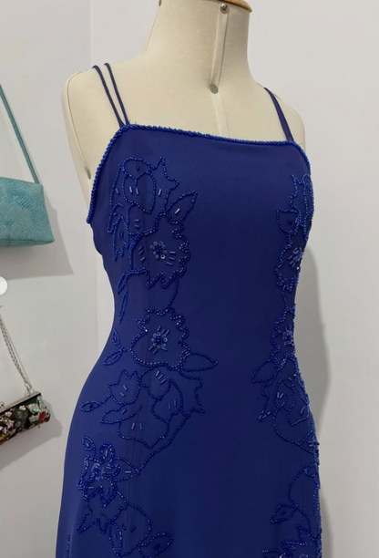 Pretty Blue Prom Dress Sheath Beaded Chiffon Long Evening Dress ED12084
