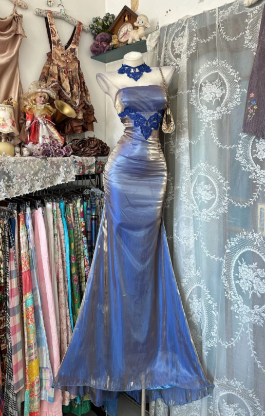 Pretty Blue Prom Dress Sheath Satin Long Evening Dress ED12088