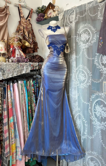 Pretty Blue Prom Dress Sheath Satin Long Evening Dress ED12088