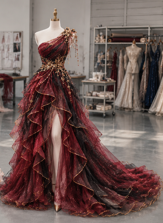 Wunderschönes rotes, figurbetontes langes Abendkleid aus Tüll ED12093