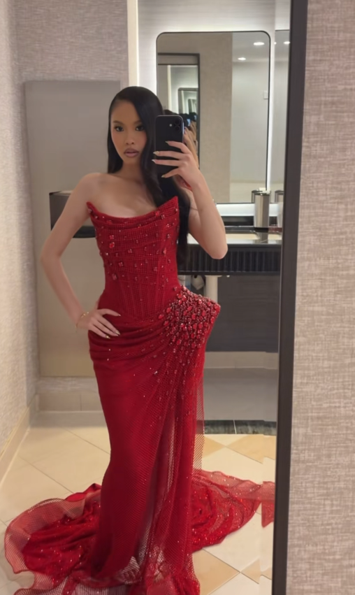 Wunderschönes rotes Ballkleid, Etui-Schnitt, Tüll, Strass, lange Abendkleider ED12094