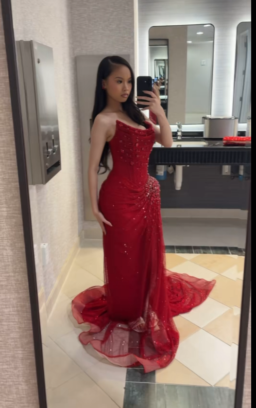 Wunderschönes rotes Ballkleid, Etui-Schnitt, Tüll, Strass, lange Abendkleider ED12094