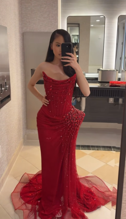 Wunderschönes rotes Ballkleid, Etui-Schnitt, Tüll, Strass, lange Abendkleider ED12094