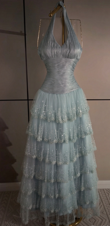 Wunderschönes hellblaues A-Linien-Ballkleid aus Chiffon, langes Abendkleid ED12096