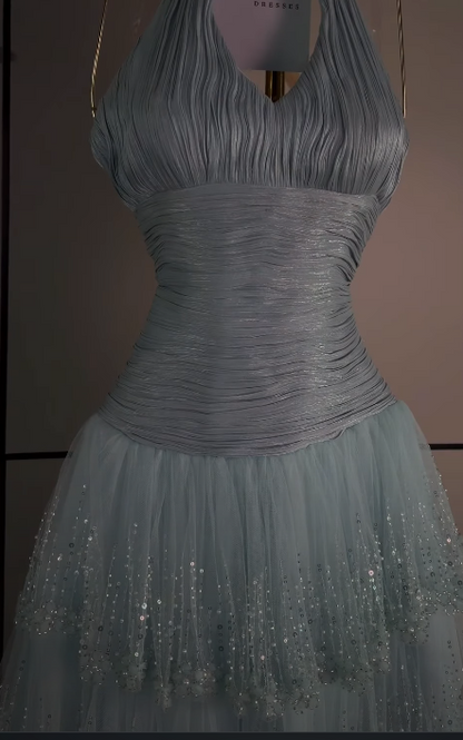 Wunderschönes hellblaues A-Linien-Ballkleid aus Chiffon, langes Abendkleid ED12096