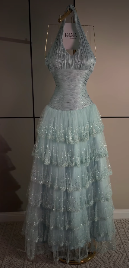 Wunderschönes hellblaues A-Linien-Ballkleid aus Chiffon, langes Abendkleid ED12096