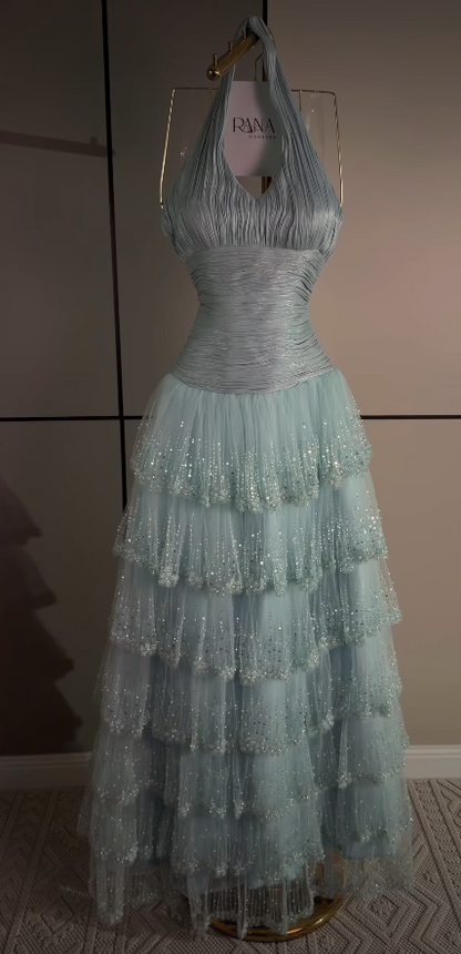 Wunderschönes hellblaues A-Linien-Ballkleid aus Chiffon, langes Abendkleid ED12096