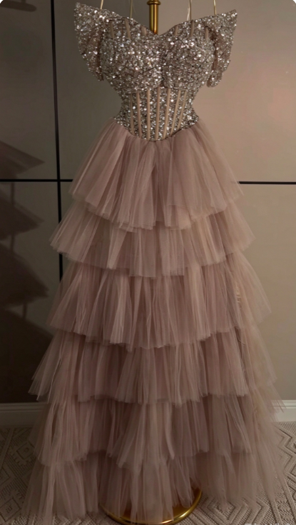 Gorgeous Pink Prom Dress A-Line Tulle Sequins Long Evening Dresses ED12097