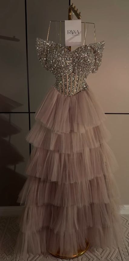 Gorgeous Pink Prom Dress A-Line Tulle Sequins Long Evening Dresses ED12097