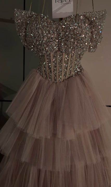 Gorgeous Pink Prom Dress A-Line Tulle Sequins Long Evening Dresses ED12097