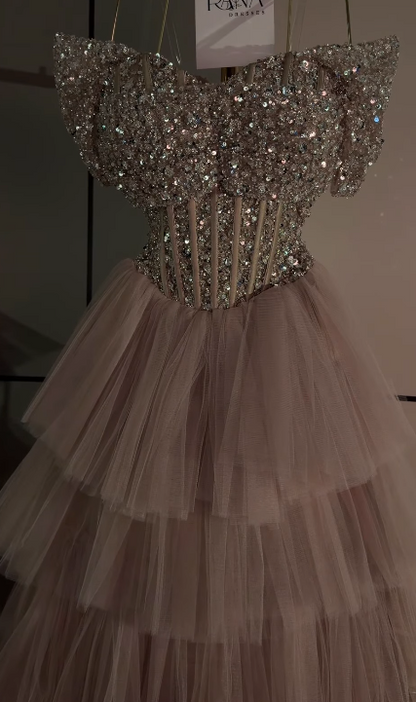 Gorgeous Pink Prom Dress A-Line Tulle Sequins Long Evening Dresses ED12097
