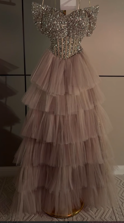 Gorgeous Pink Prom Dress A-Line Tulle Sequins Long Evening Dresses ED12097