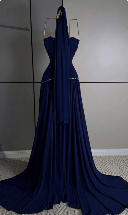 Wunderschönes blaues Abendkleid aus Chiffon, figurbetont, mit Perlenbesatz, lang, ED12099