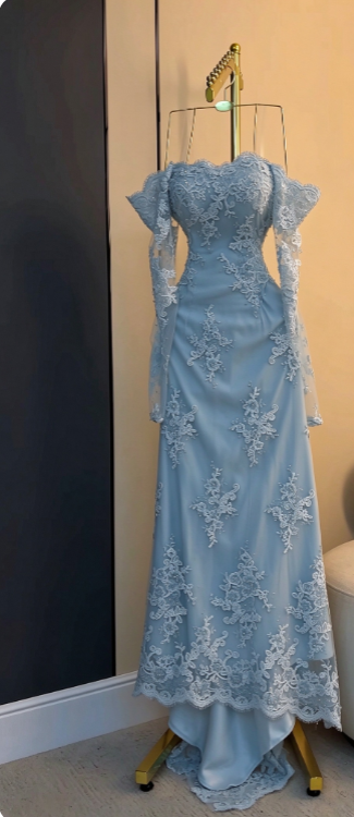 Gorgeous Pale Blue Prom Dress Sheath Lace Long Evening Dresses ED12100
