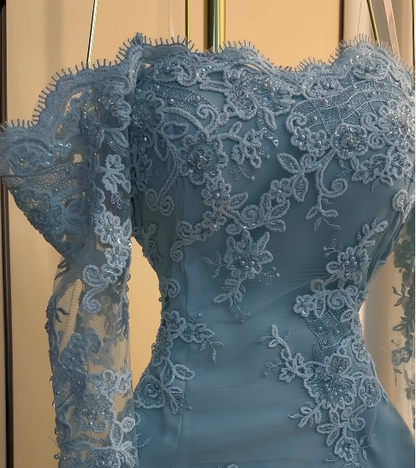Gorgeous Pale Blue Prom Dress Sheath Lace Long Evening Dresses ED12100