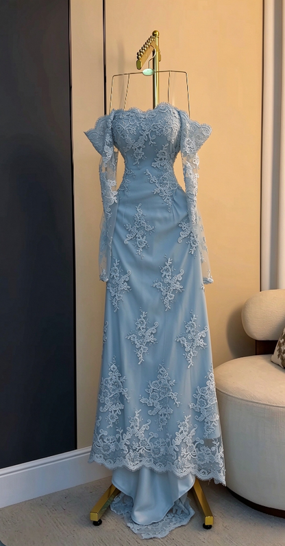 Gorgeous Pale Blue Prom Dress Sheath Lace Long Evening Dresses ED12100